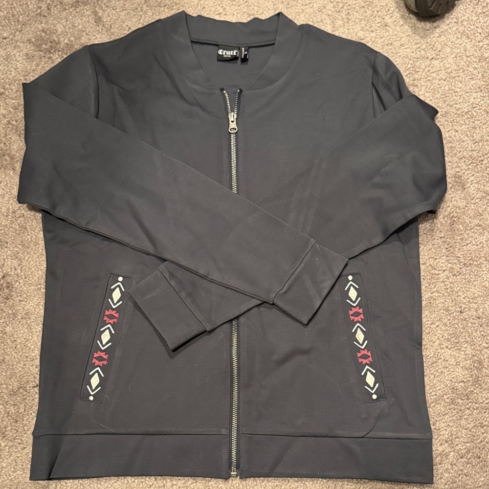 Cinch cruel denim Women's gray Zip-Up Sweater with Embroidered Accents